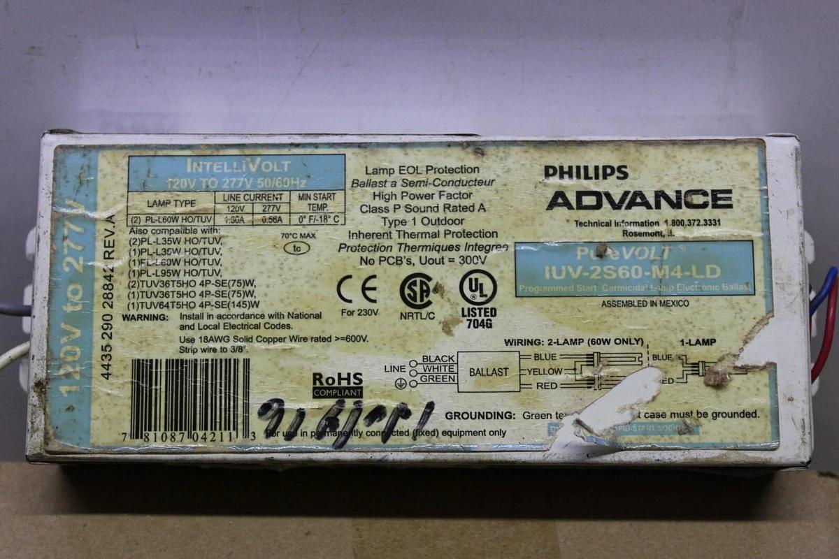 Used PHILIPS ADVANCE PURE VOLT IUV-2S60-M4-LD 4435-290-28842 REV. A 277 VOLT