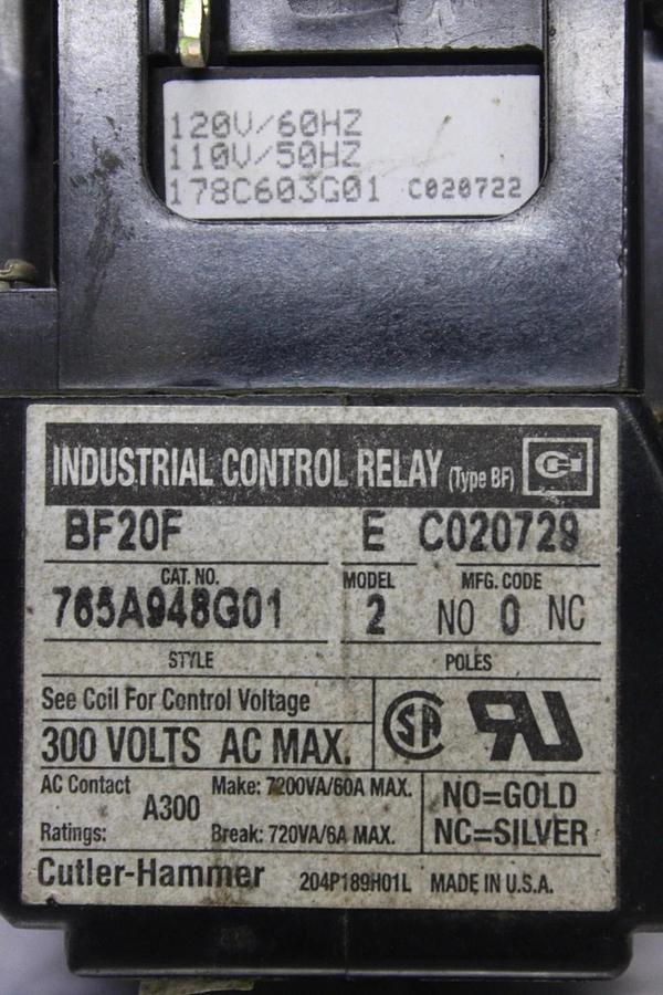 Used WESTINGHOUSE INDUSTRIAL CONTROL RELAY BF20F MODEL E 300 VAC 6 AMP COIL: 120V