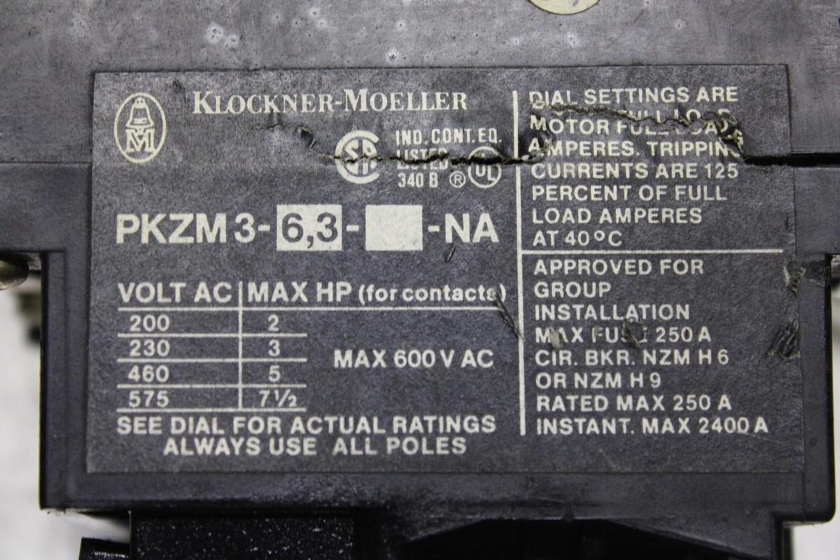 Used KLOCKNER-MOELLER OVERLOAD RELAY PZKM3-6,3 600 VAC 3-POLE 7.5 HP **WARRANTY**