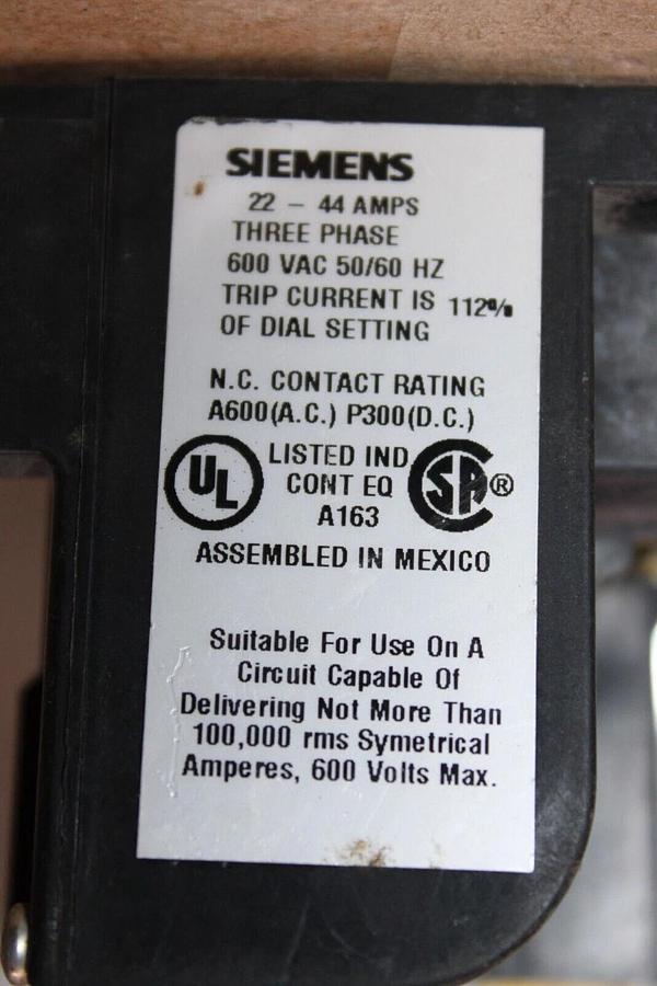 Used SIEMENS OVERLOAD RELAY 958BA32A 22-44 AMP 3-PHASE 600 VOLT **WARRANTY**