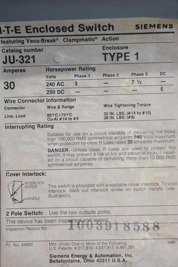 Used ALLEN BRADLEY DISCONNECT SWITCH 1494V-DS100 100 AMP 600 VOLT 30 HP 3-PHASE