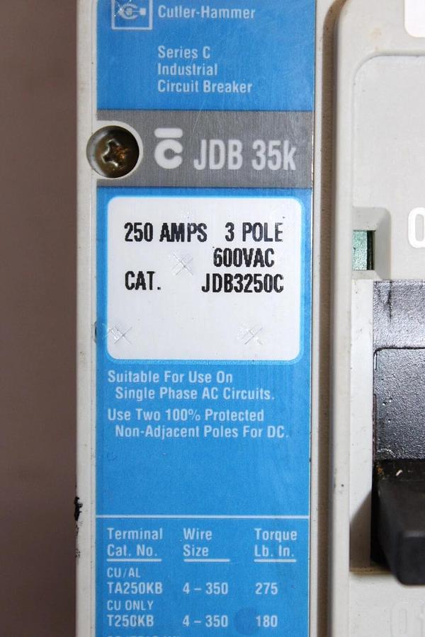 Used CUTLER HAMMER CIRCUIT BREAKER JDB3250C 250 AMP 600 VAC 3-POLE ADJUSTABLE TRIP
