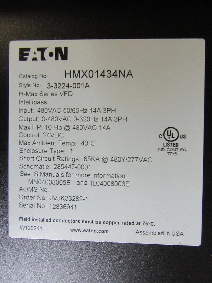 Used EATON VARIABLE SPEED DRIVE H-MAX INTELLIPASS HMX0143NA 480 VAC 14 AMP 10 HP