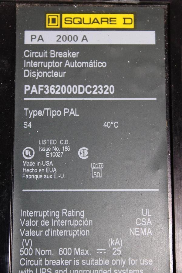 Used SQUARE D DC BREAKER PAF362000DCM2320 2000 AMP 600 VDC W/ PAM02