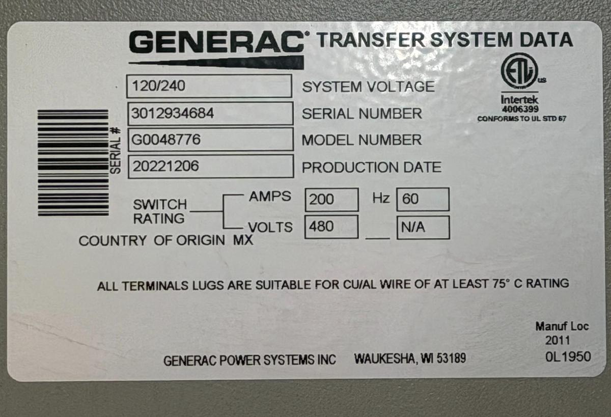 NEW GENERAC INTEGRATED LOAD CENTER TTS ILC-200 120/240 VOLT 200 AMP NEMA 3R SERVICE RATED