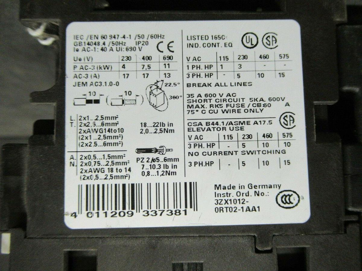 Used SIEMENS MANUAL MOTOR START 3RV1021-4BA10 600 VAC 20 AMP 20 HP