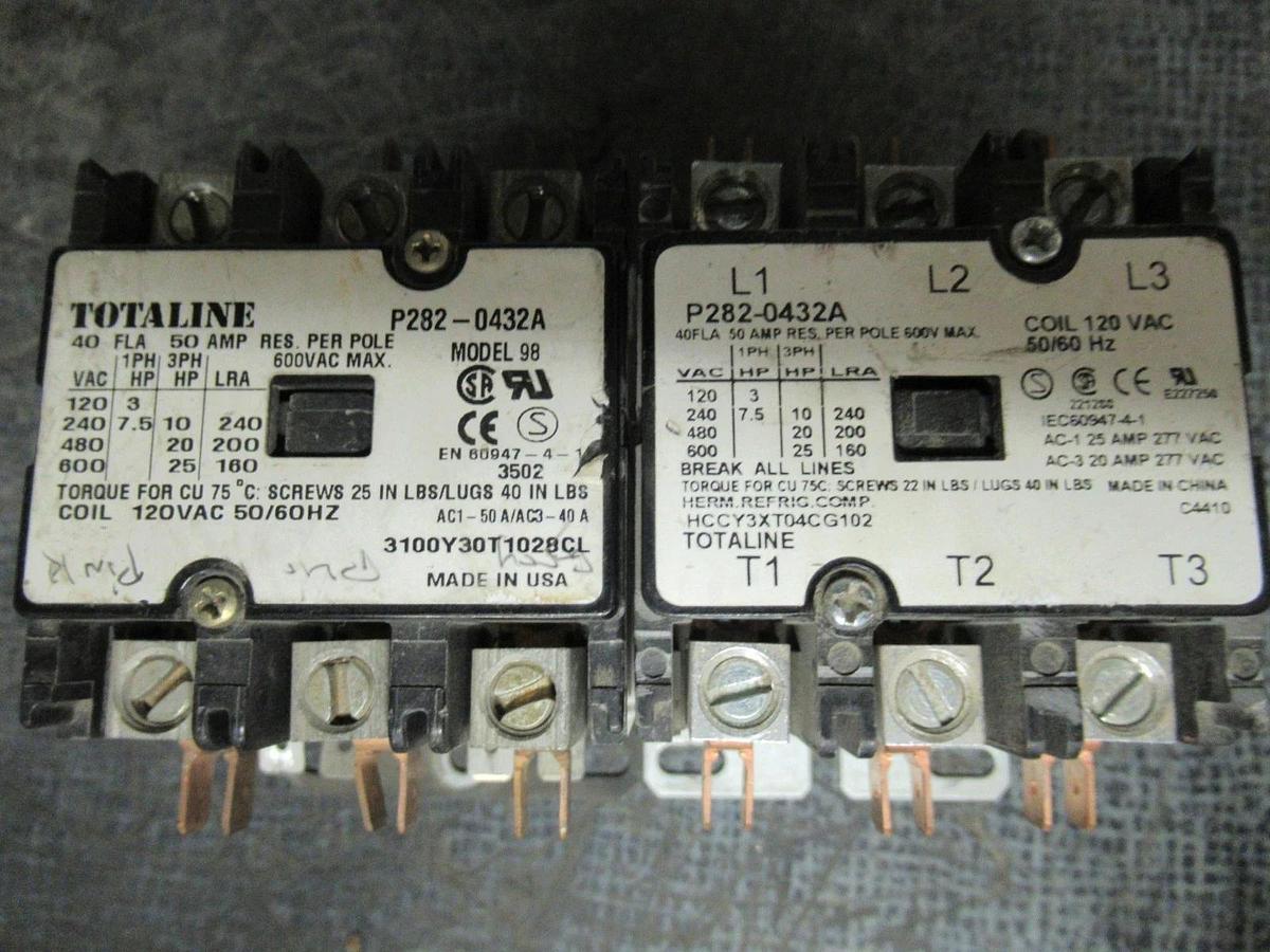 Used (1) TOTALINE CONTACTOR P282-0432A 40A 600V 25HP MODEL: 98 COIL: 120V