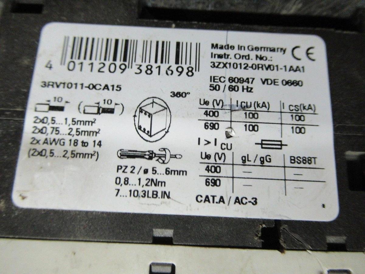 Used SIEMENS MANUAL MOTOR START 3RV1011-0CA15 600V 0.25A **WARRANTY INCLUDED**