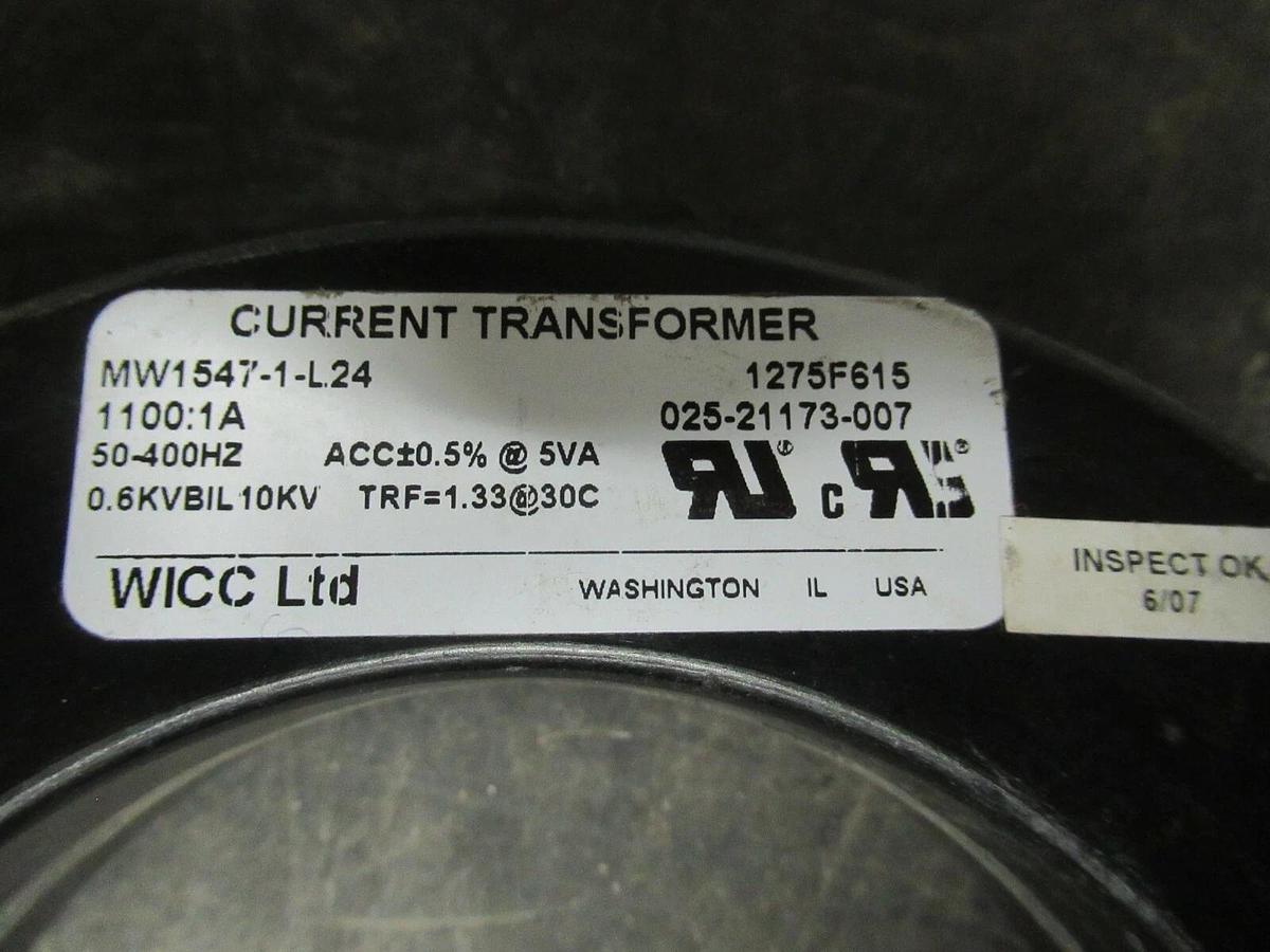 Used WICC CURRENT TRANSFORMER MW1547-1-L24 RATIO: 1100:1 50-400 HZ
