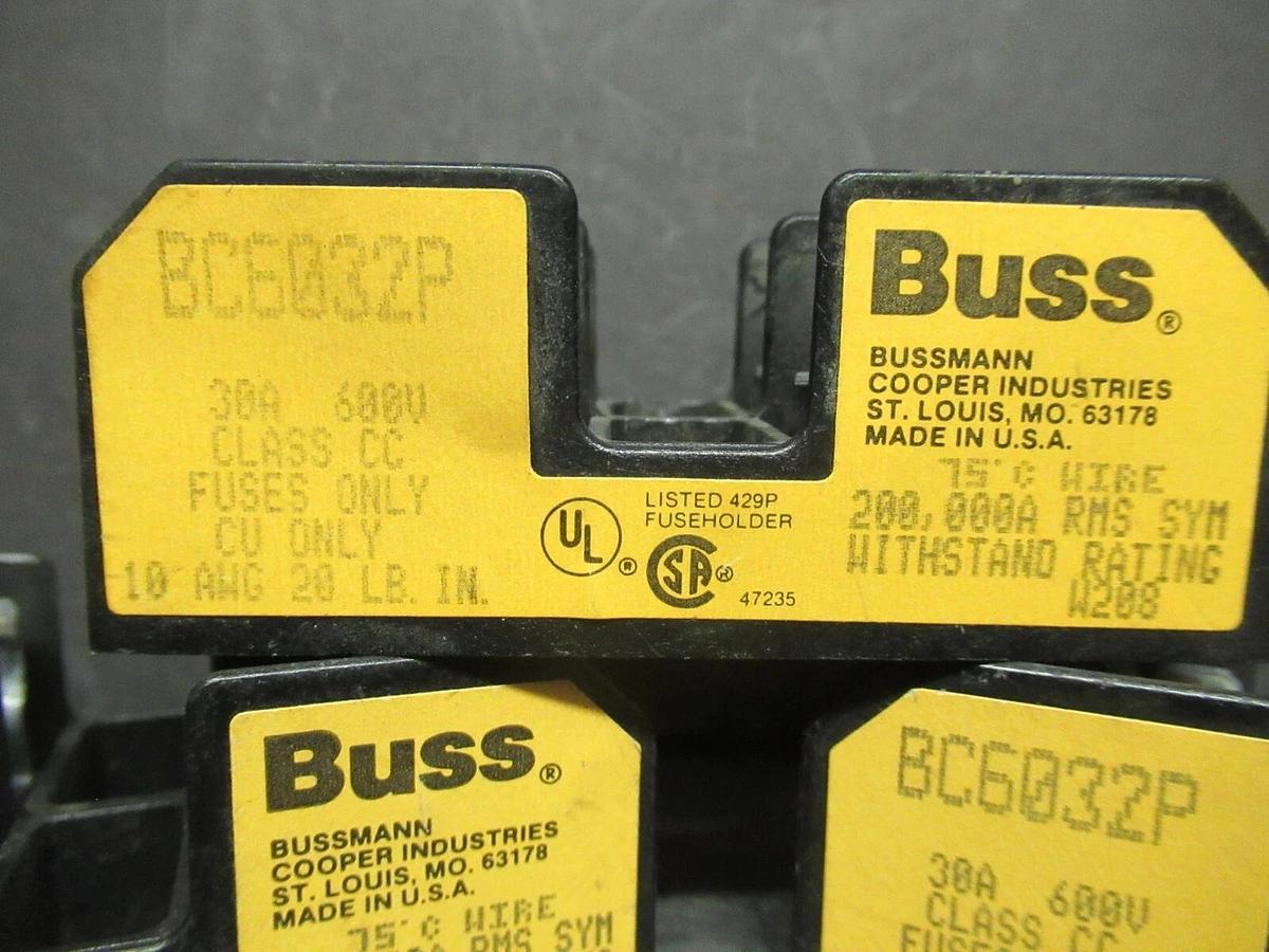 Used LOT OF 3 BUSSMAN FUSE HOLDER BC6032P FOR 30 AMP 600 V CLASS CC FUSES ONLY