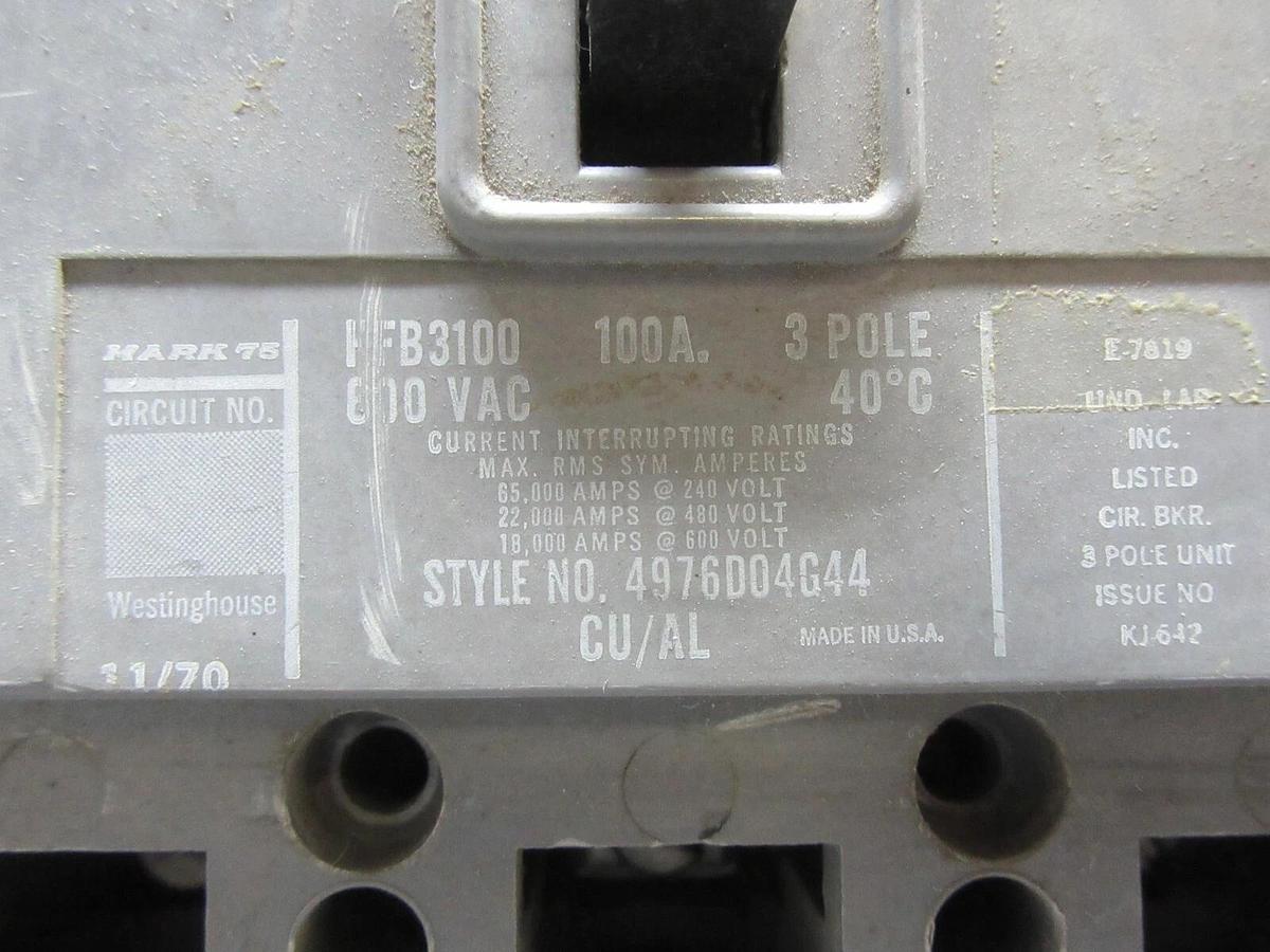 Used WESTINGHOUSE 3-POLE CIRCUIT BREAKER HFB3100 100 AMP 600 VAC 4976D04G44