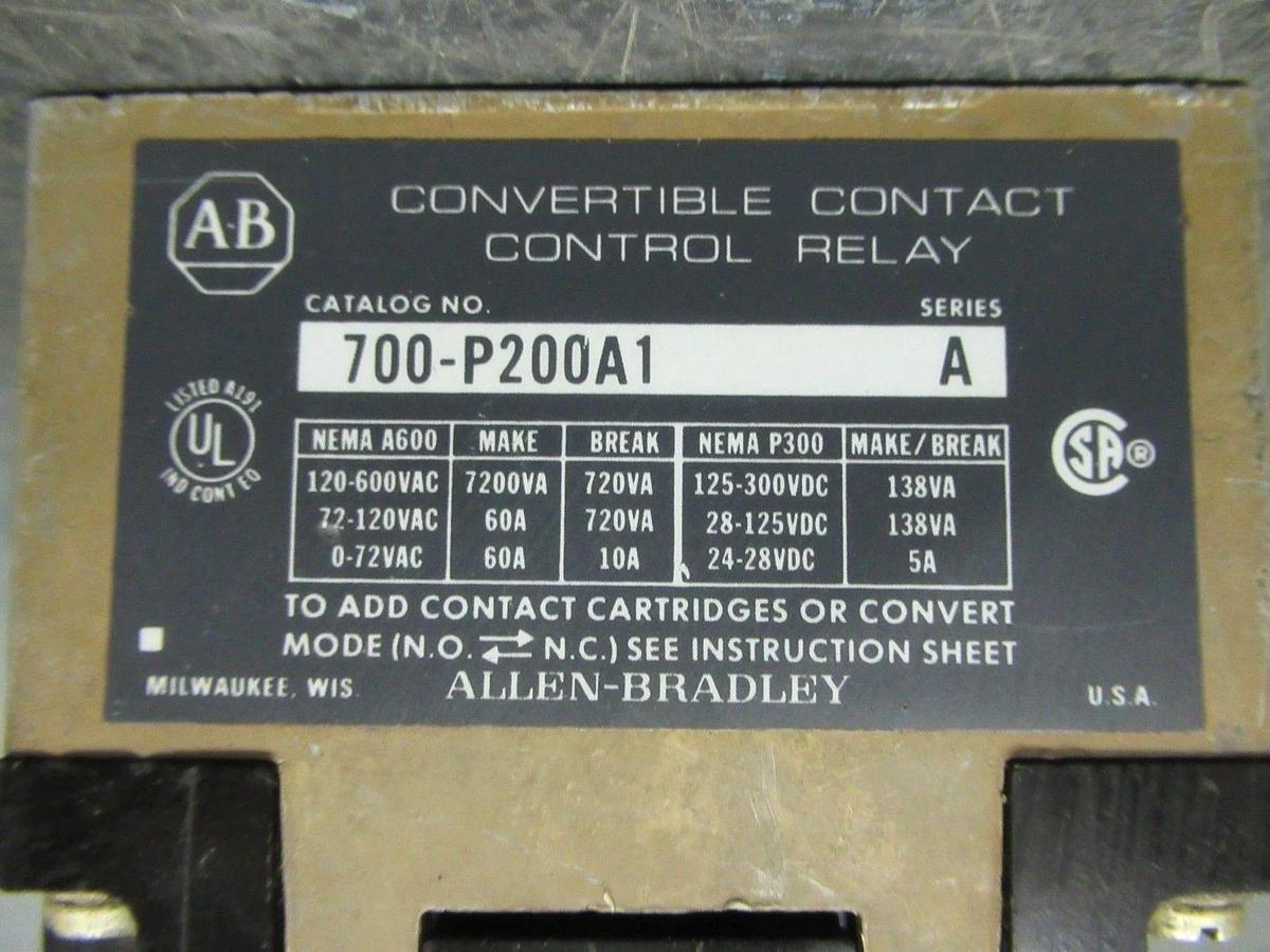 Used ALLEN-BRADLEY CONVERTIBLE CONTROL RELAY 700-P200A1 SERIES A 120V-600V 7200VA