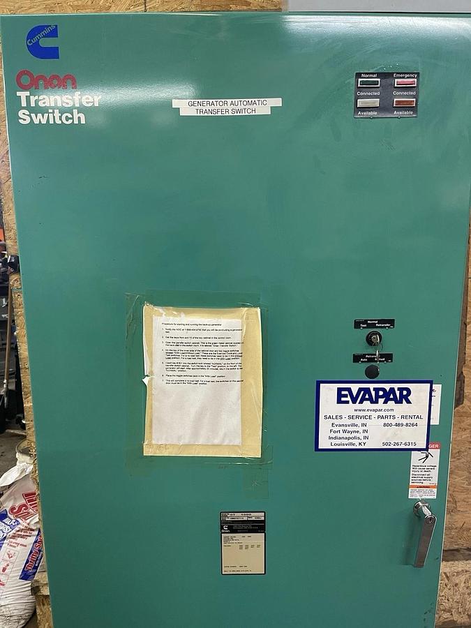 Used ONAN CUMMINS TRANSFER SWITCH OT-1000 1000 AMP 208 VAC 3-POLE W/ 0306-3456-12