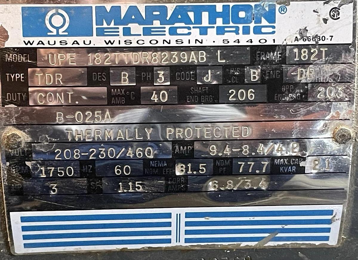 Used MARATHON TDR AC MOTOR 3HP 208-230/460 VOLT 9.4A 60 HZ 1750 RPM 182T FRAME