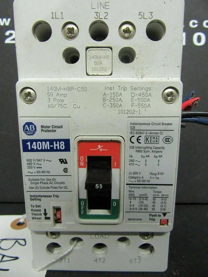 Used 50 AMP ALLEN BRADLEY BREAKER 140M-H8P-C50 SER. B 3 POLE 480 VAC **WARRANTY**