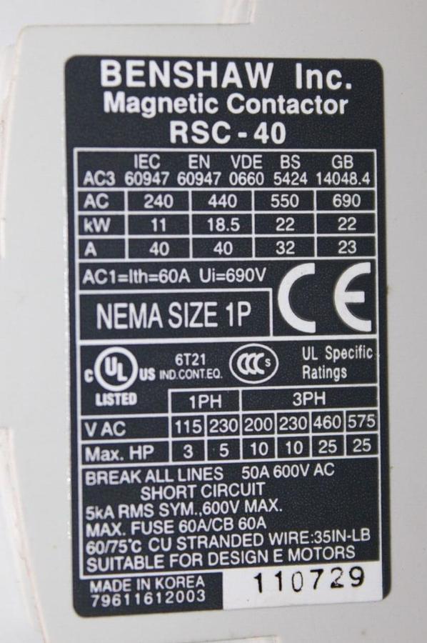 Used BENSHAW CONTACTOR RSC-40 50 AMP 600 VAC NEMA 1P 3-PHASE 25 HP COIL: 120 VAC