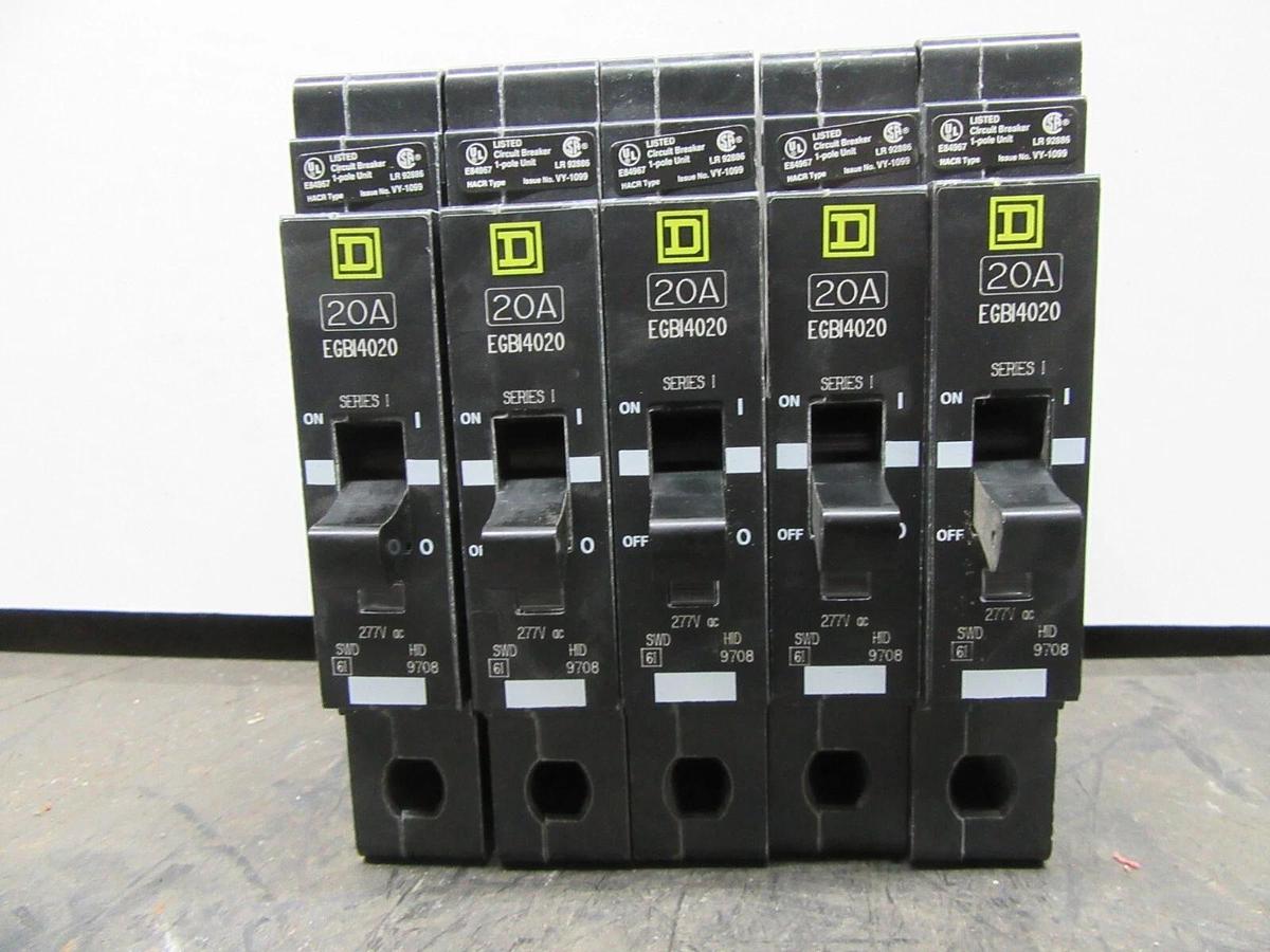 Used LOT OF 5 SQUARE D BREAKER EGB14020 20 AMP SINGLE POLE 480/277 VOLT **WARRANTY**