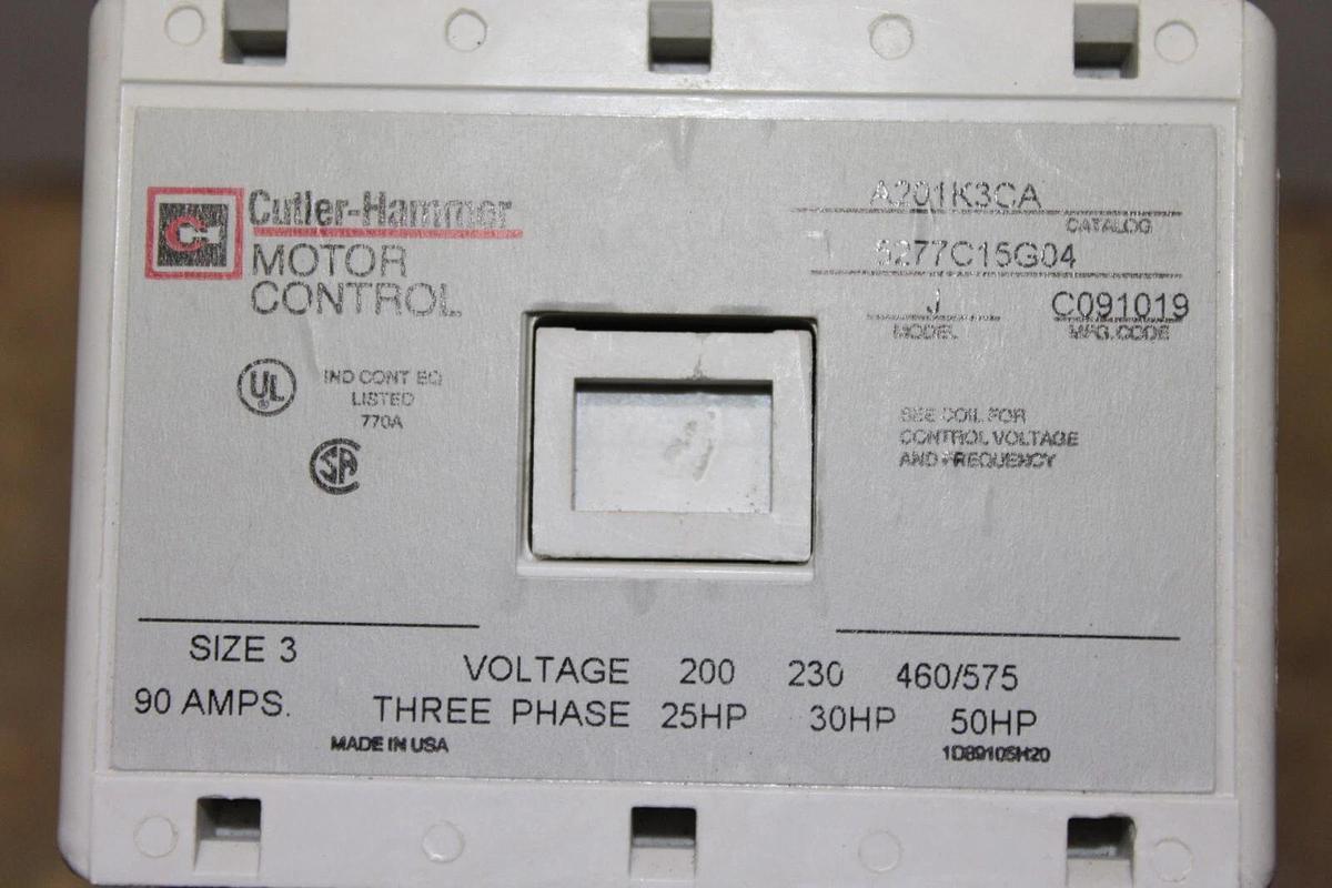 Used CUTLER HAMMER MOTOR CONTROL CONTACTOR A201K3CA SIZE 3 90 AMP 600V 3-PHASE