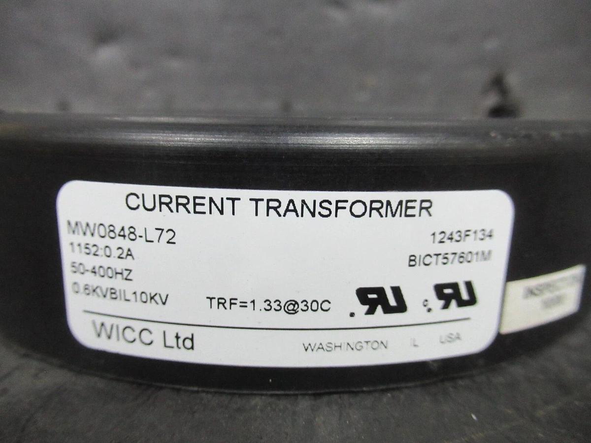 Used WICC CURRENT TRANSFORMER MW0848-L72 1152:0.2 AMP 10 KV 50-400 HZ