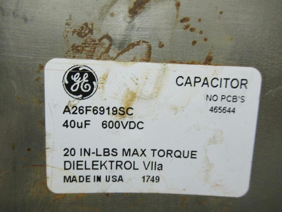 GENERAL ELECTRIC DIELEKTROL VIIA NON-PCB CAPACITOR A26F6919SC 40 uF 600 VDC