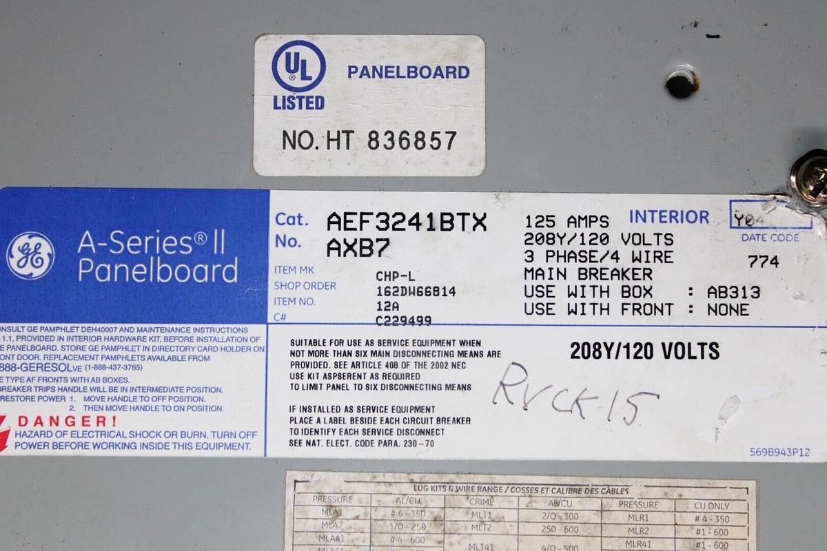 Used GE AB313 A-SERIES II PANELBOARD AEF3241BTX 100 AMP 3-PHASE 208Y/120V 3R ENCL.