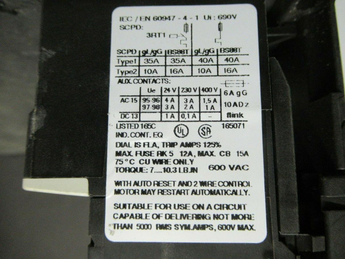 Used SIEMENS STARTER 3RU1116-1DB80 / 3RT1015-1AK81 600 VAC 16 AMP 5 HP