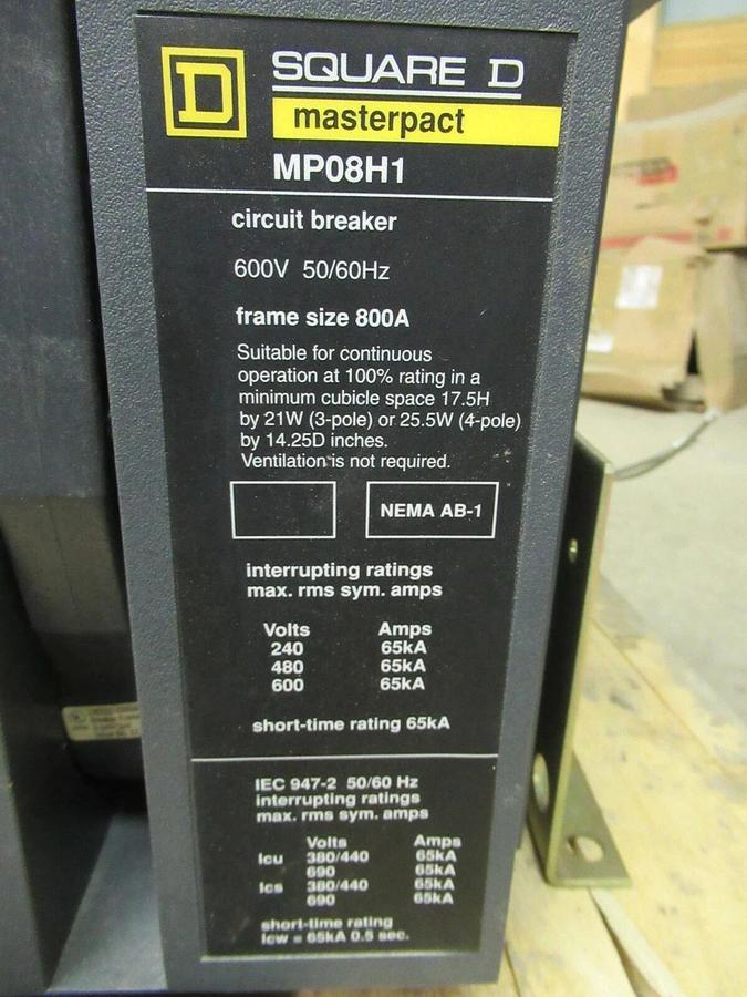 SQUARE D MASTERPACT CIRCUIT BREAKER MP08H1 600 VOLT 600 AMP TRIP 3-PHASE