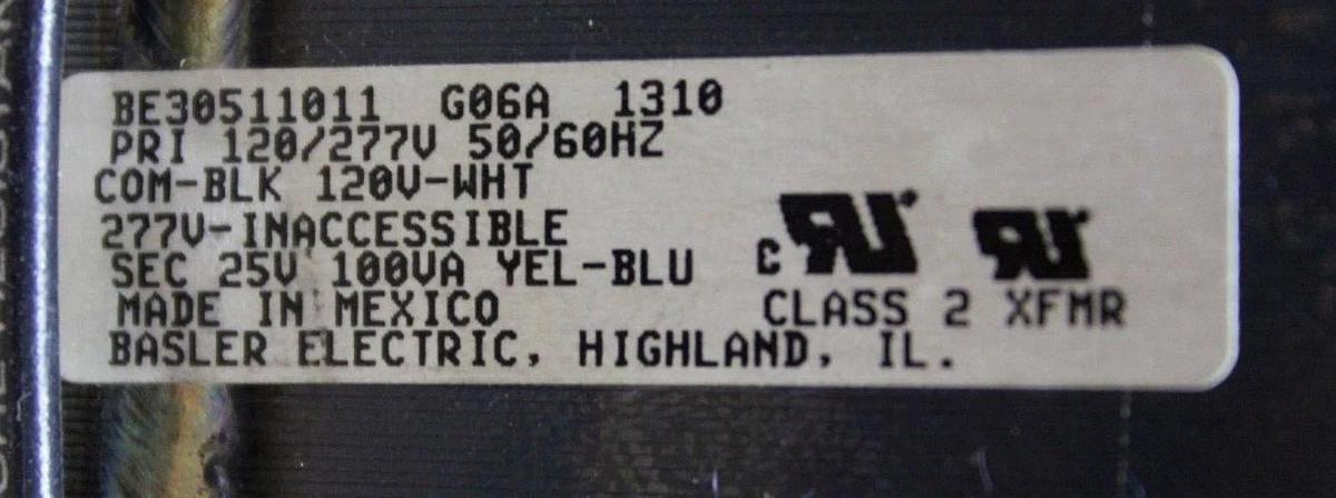 Used 100 VA BASLER ELECTRIC TRANSFORMER BE30511011 100 VA PRI: 277V SEC: 25V / 24V