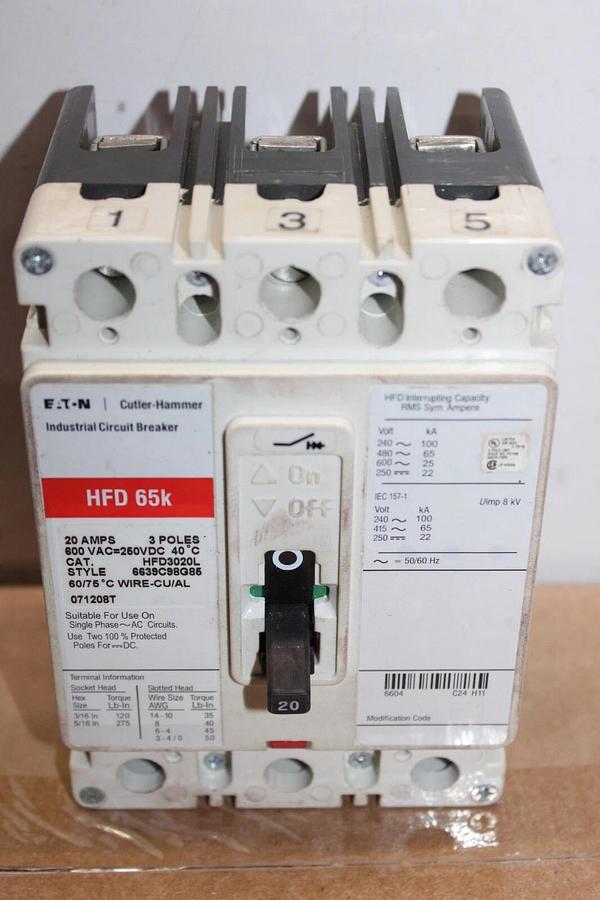 Used EATON CIRCUIT BREAKER HFD3020L 20 AMP 3-POLE 600 VAC HFD-65K **WARRANTY**