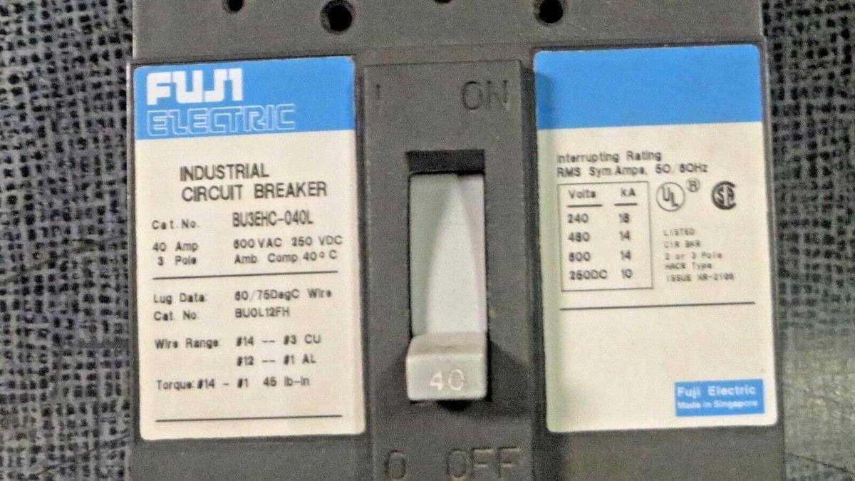 Used FUJI ELECTRIC CIRCUIT BREAKER BU3EHV-040L 40 AMP 600 V 3 POLE W/ GUARDS