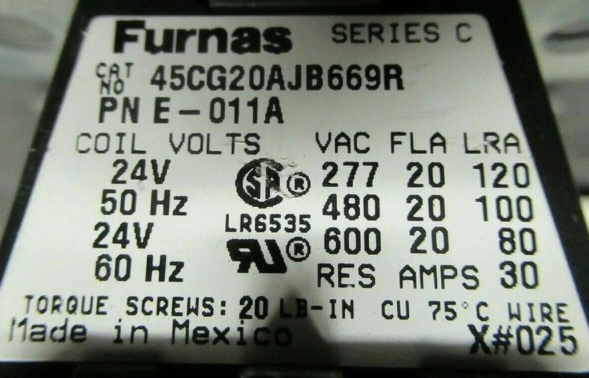 Used FURNAS CONTACTOR 42CG20AJB669R 20 AMP 600 VAC 30 AMP/RES 24 VOLT COIL