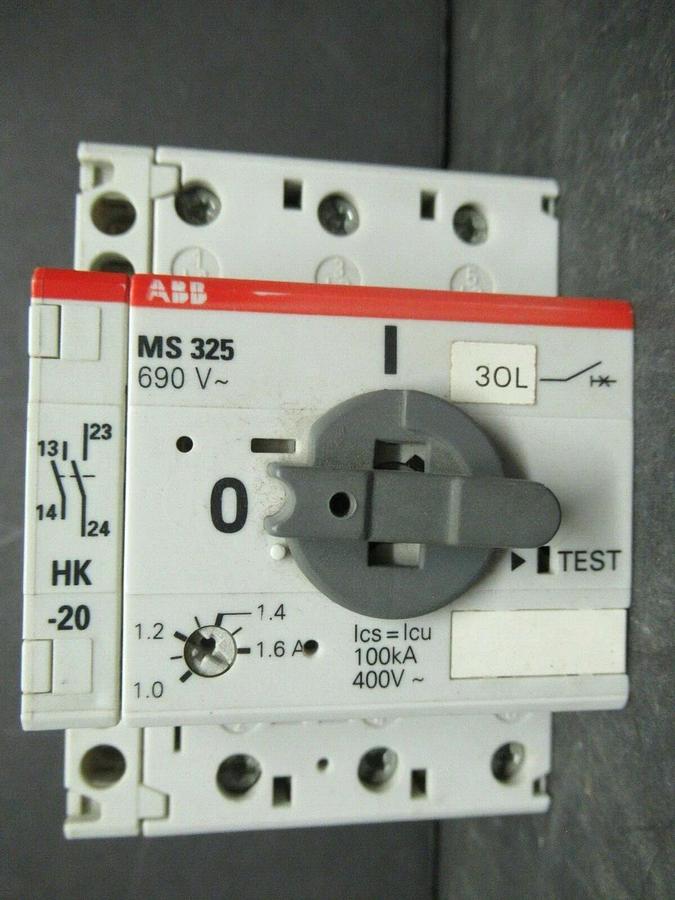 Used ABB MANUAL MOTOR START MS325 1-1.6 AMP 600 VAC W/ AUXILIARY CONTACTS