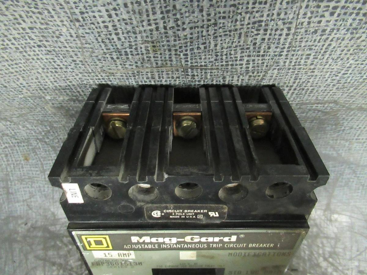 Used SQUARE D MAG-GARD BREAKER 15 AMP 600 VAC 3 POLE MODEL FAP3601513M SER 2
