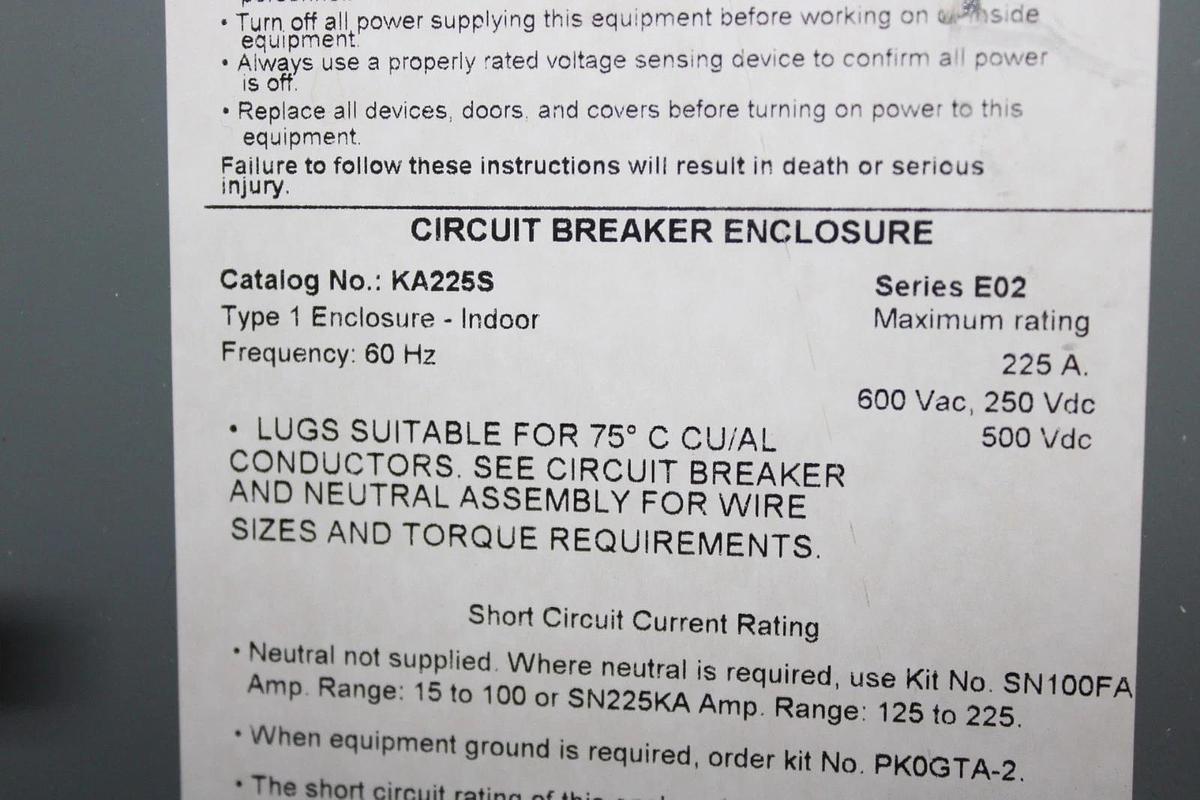 Used SQUARE D TYPE 1 CIRCUIT BREAKER ENCLOSURE KA225S FOR KAL FAL BREAKERS 225A 600V