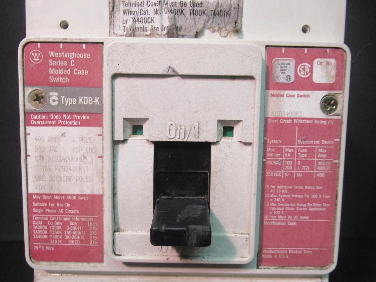 Used WESTINGHOUSE MOLDED CASE SWITCH KDB3400KX9 400 AMP 600 VAC 3-POLE KDB-K