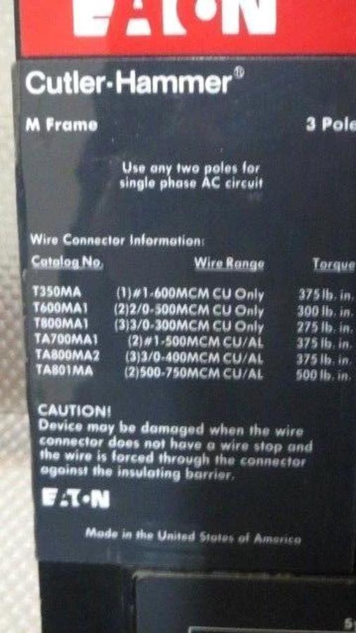 Used CUTLER HAMMER MOLDED CASE MS36080YA 800 AMP 600 VAC 3 POLE MS-Y