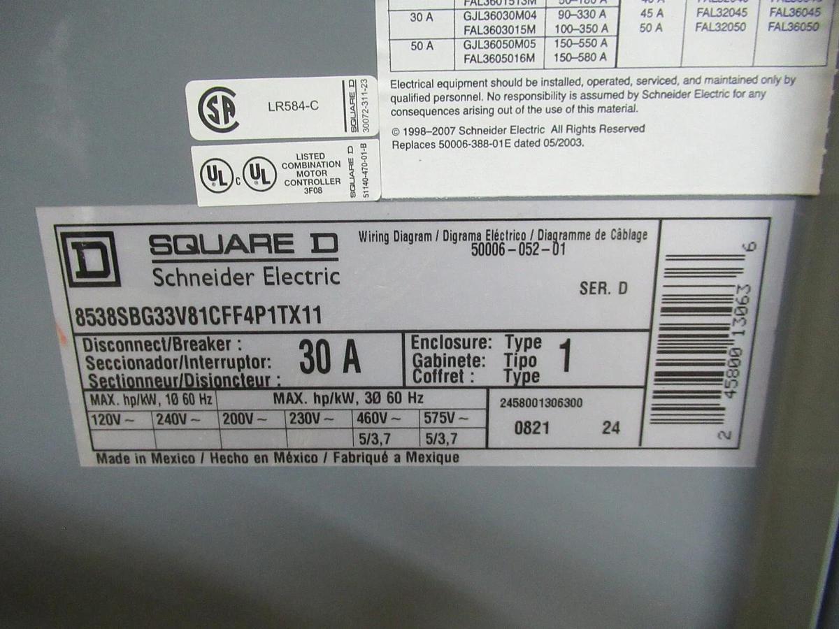 Used SQUARE D COMBINATION STARTER 8538SBG33C81CFF4P1TX11 TYPE 1 30 AMP 600 VAC 5 HP