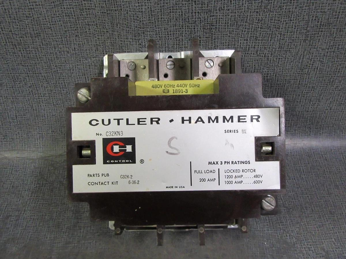 Used CUTLER HAMMER CONTACTOR 200 AMP 600V COIL: 440/480V C32KN3 SERIES B1 W/ AUX