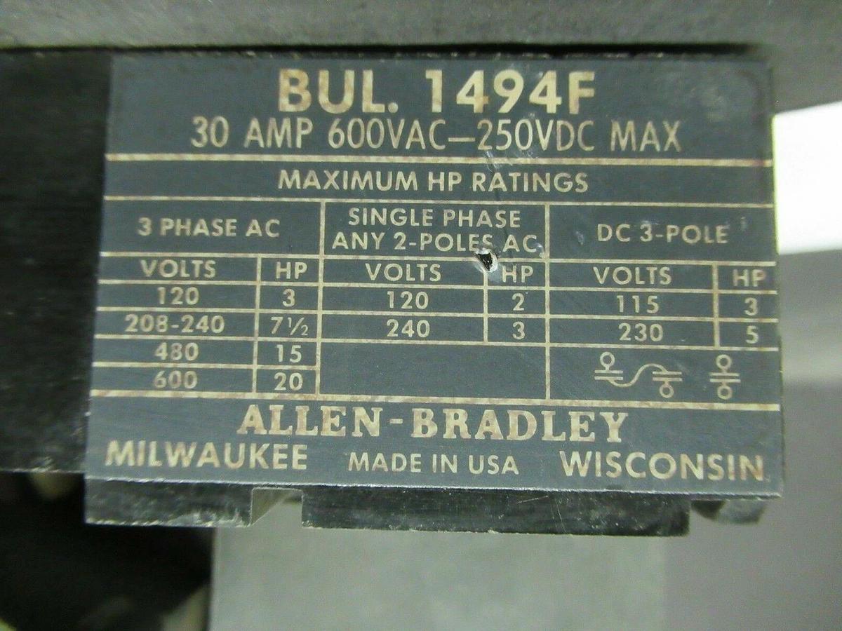 Used ALLEN BRADLEY DISCONNECT SWITCH BUL. 1494F 600 VAC 30 AMP 20 HP
