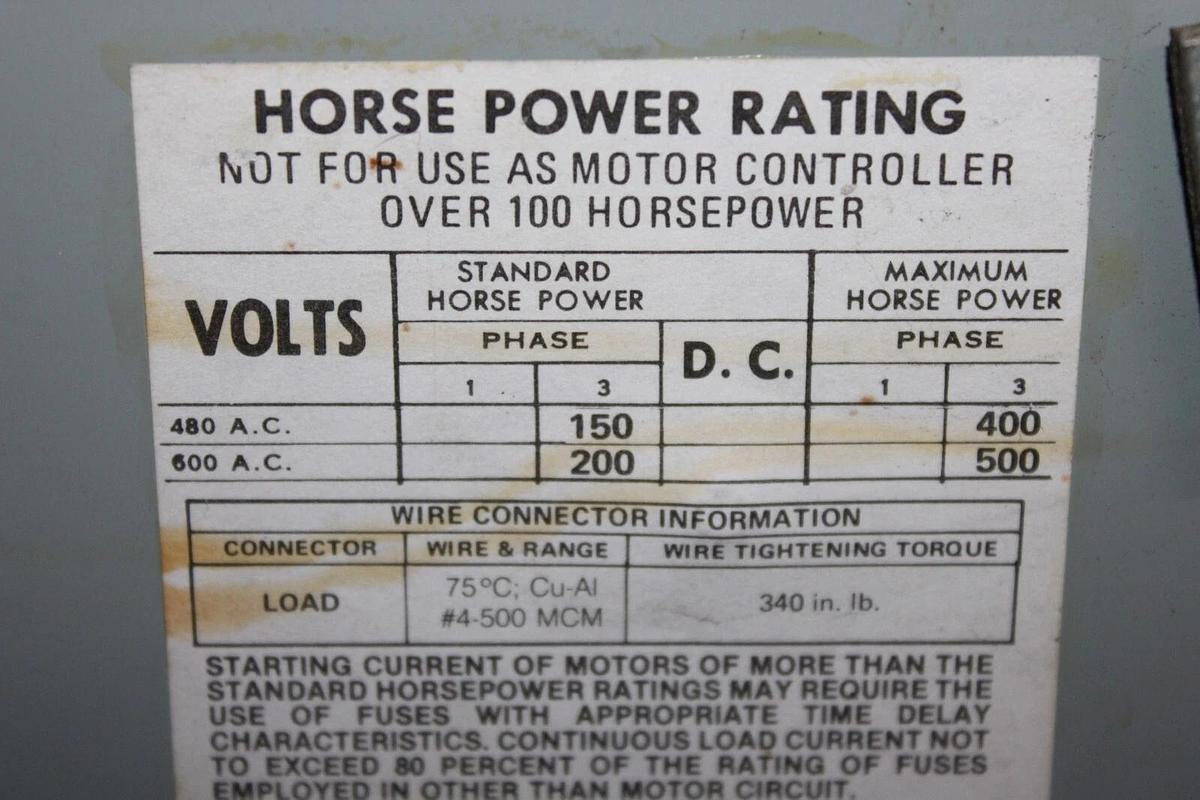 Used ITE VACU-BREAK PANELBOARD DISCONNECT SWITCH V7H3606 600 AMP 600 VAC 3-PHASE
