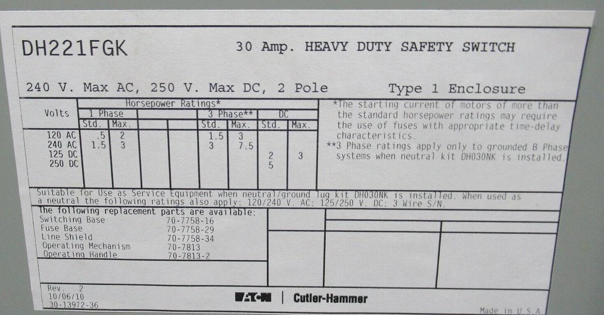 Used EATON HEAVY DUTY SAFETY DISCONNECT DH221FGK 240 VAC 30 AMP 7.5 HP 2-POLE