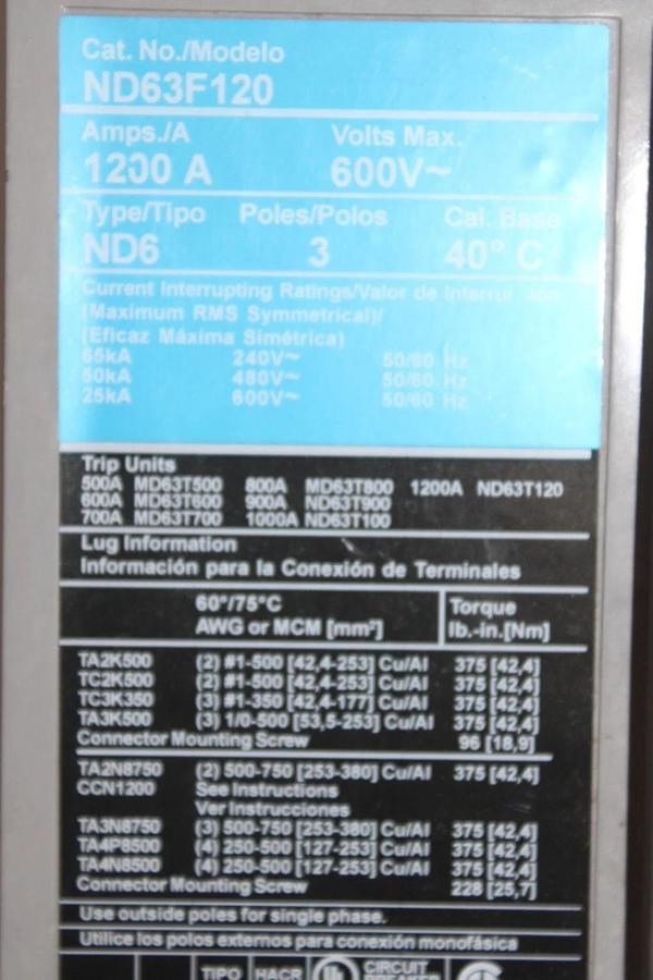 Used SIEMENS ND6 CIRCUIT BREAKER ND63F120 1200 AMP 3-POLE 600 VAC 3-PHASE *WARRANTY*