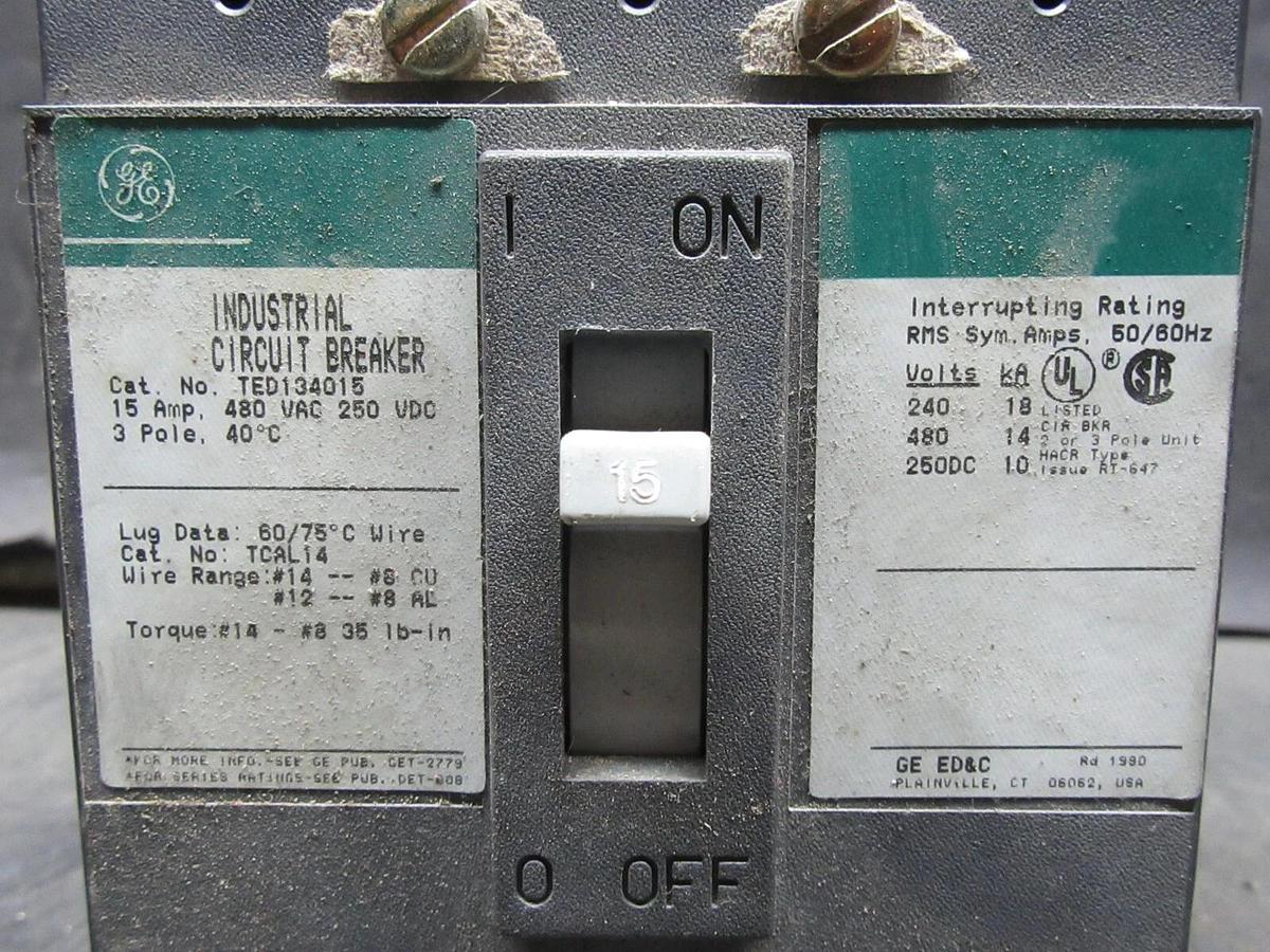 Used GE CIRCUIT BREAKER TED134015 15 AMP 480 VAC 3-POLE **WARRANTY INCLUDED**