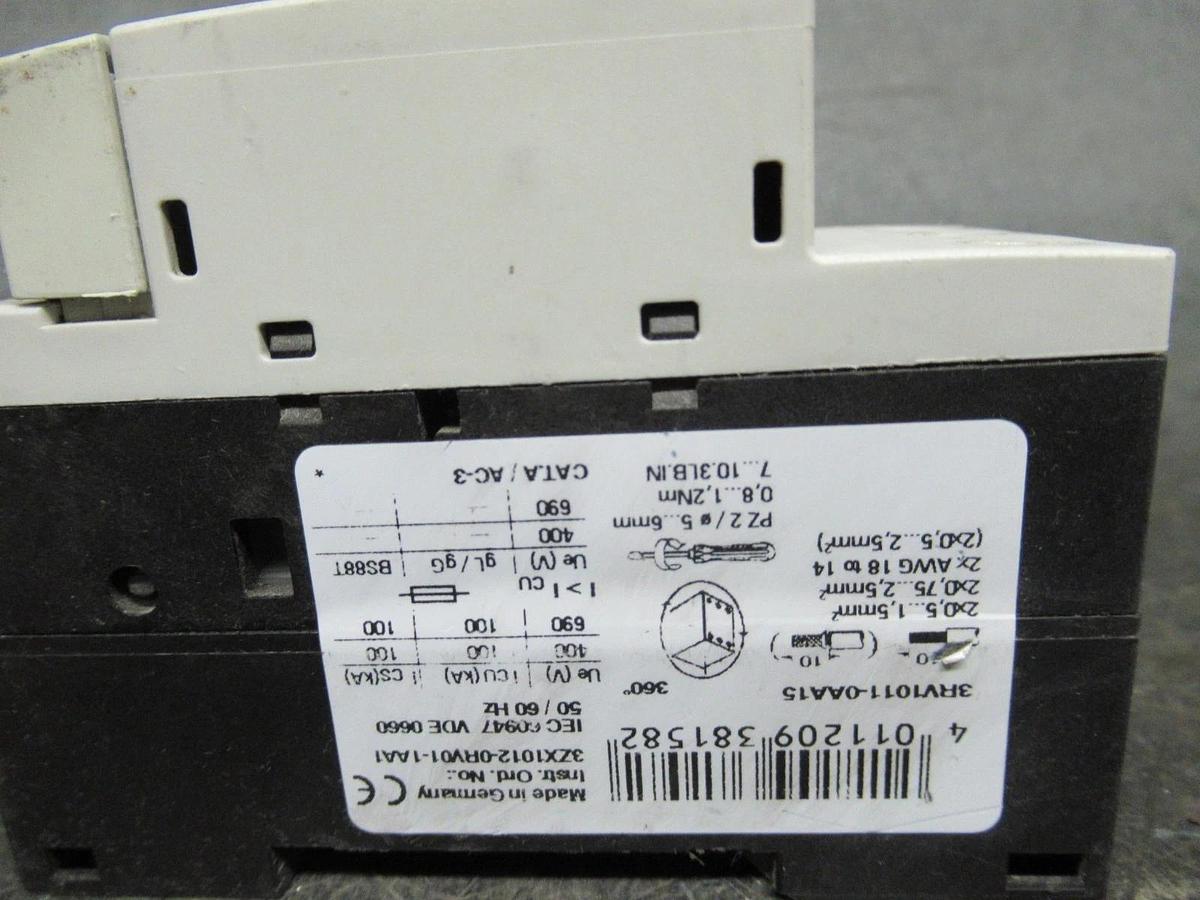 Used SIEMENS MANUAL MOTOR START 3RV1011-0AA15 600V 0.16A **WARRANTY INCLUDED**