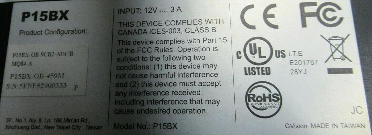 GVISION LCD MONITOR P15BX-OB-9CB2-AU47B-MQ04-A 12 VDC 3 AMP **TOUCH SCREEN**