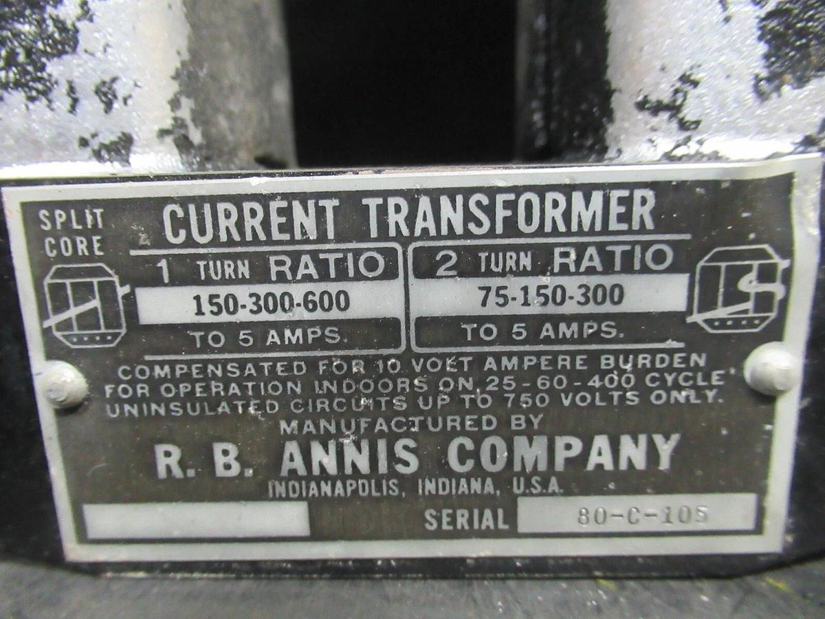 Used RB ANNIS SPLIT-CORE CURRENT TRANSFORMER 10 VA 25-60 CYCLE RATIO 600:300 750 V