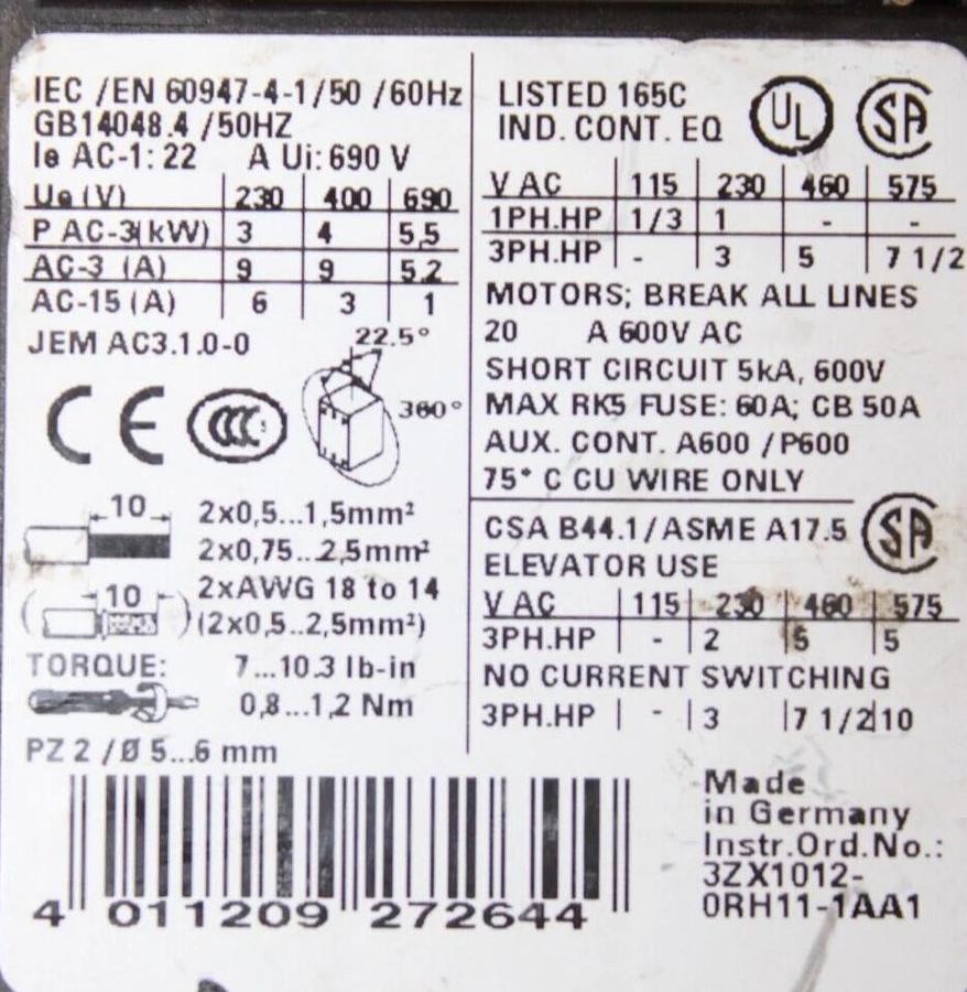 Used SIEMENS CONTACTOR 3RT1016-1AB01 600 VAC 20 AMP 7.5 HP 3-PHASE **WARRANTY**