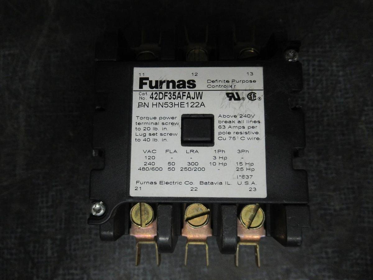 Used FURNAS DEFINITE PURPOSE CONTACTOR 42DF35AFAJW 50 AMP 600V 25HP COIL: 120V