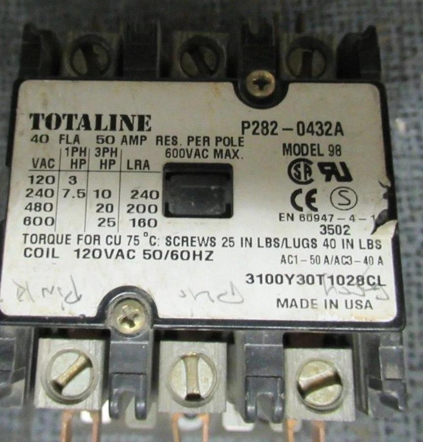 Used (1) TOTALINE CONTACTOR P282-0432A 40A 600V 25HP MODEL: 98 COIL: 120V