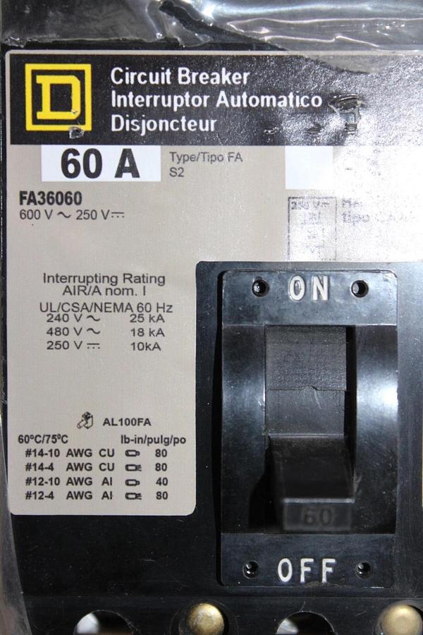NEW SURPLUS SQUARE D I-LINE CIRCUIT BREAKER FA36060 60 AMP 600 VOLT 3-POLE